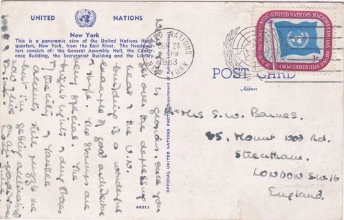 1953 UN New York Office card sent from New York to London England