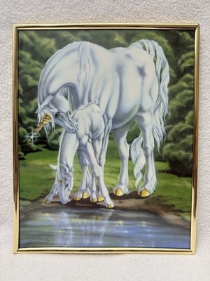 VINTAGE SUE DAWE UNICORN  ''FIRST LOOK IN THE MERE' 1982 8'' X 10'' Original Frame