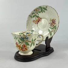 Aynsley England Bone China Honeysuckle Teacup & Saucer Set Floral Gold Trim