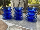 9 Vtg Hazel Atlas, Cobalt Blue Depression Glass Moderntone Soup Bowls W/ Plates