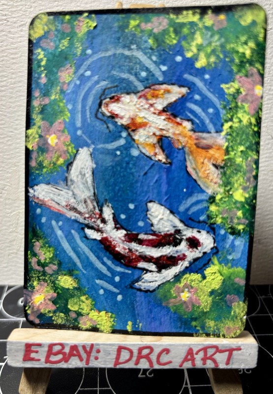 aceo original gouache painting koi fish DRC Art COA free shipping 2.5”x3.5”
