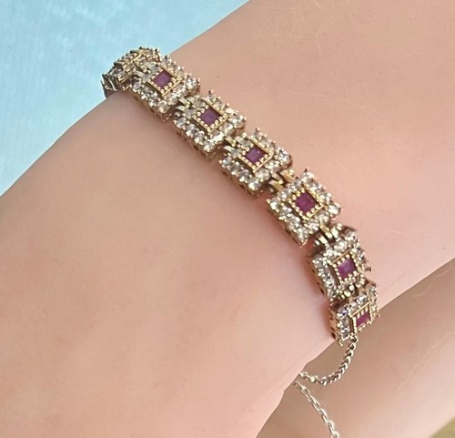 Genuine Pink Tourmaline & Diamond Bracelet 14K Gold on SOLID 925 Princess cut - Picture 8 of 17