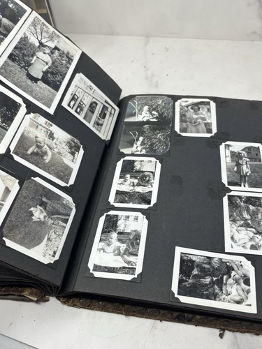 VTG Leather Bound Photo Album Family Pics From 30s 40s Cars Weddings Military - Picture 20 of 22
