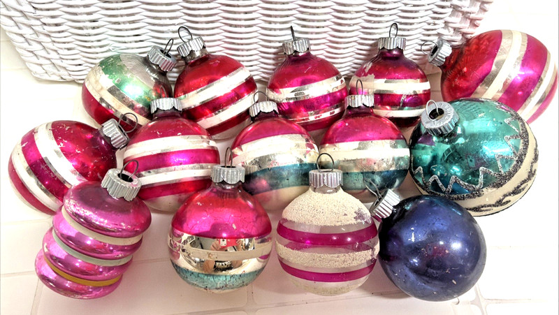 Vintage Shiny Brite striped glass Christmas ornaments 1940s Lot Of 14