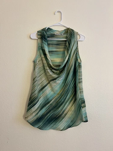 Halogen Silk Blend Small Green Silk Blend Striped Tank Top Cowl Neck