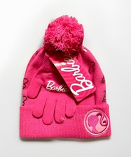 NEW Mattel BARBIE Girl's 2pc Pink Knit Beanie Hat Gloves Set OSFM