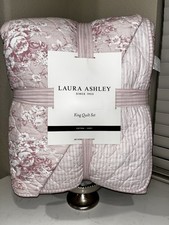 1-NIB LAURA ASHLEY PINK FLORAL STRIPES REVERSIBLE KING SIZE QUILT SET