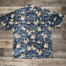 PIERRE CARDIN MENS HAWAIIAN SHIRT Medium BLUE SAILBOAT COTTON ALOHA CAMP