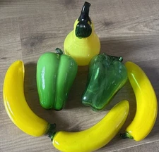 Lot of Murano-Style Art Glass Fruit Set of 6 - 3 banana 2 Bell Peppers 1 Pear