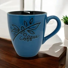 Starbucks 2007 Embossed Coffee Bean Blue Black Glazed Floral Mug Cup 12 oz