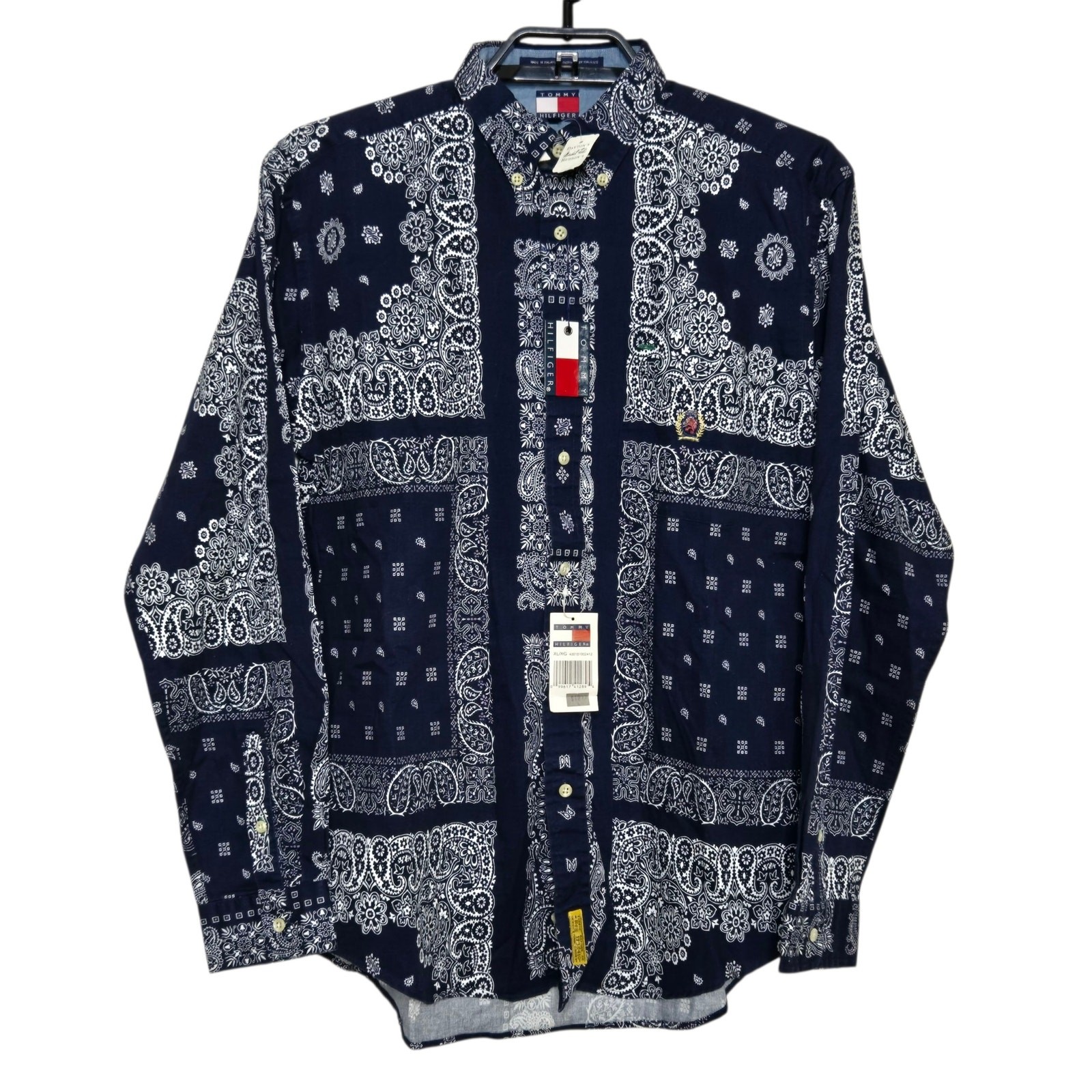 Vintage Tommy Hilfiger Button Down Shirt Paisley Boys XL Mens Small Blue White