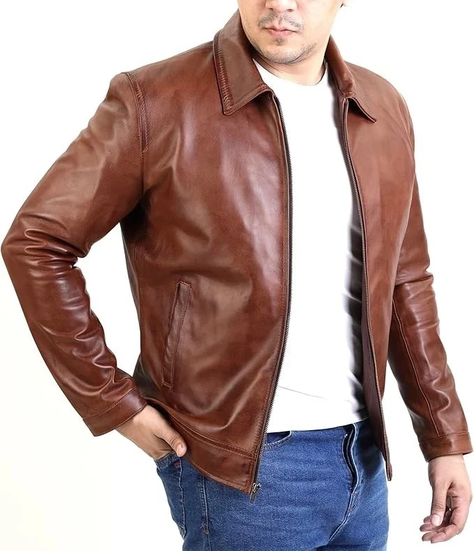 Mens Real Lambskin Leather Jacket Classic Style Polo Collar Brown Leather Jacket