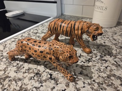 Vintage Leather Wrapped  Leopard Figure and tiger figure set of 2