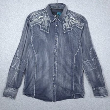 Roar Shirt Mens Medium Western Cross Embroidered Distressed Rocker Biker Y2K
