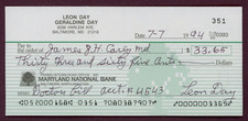 Leon Day Newark Eagles Signed Check (Dec'd 1995) Negro Leaguer Hall Of Famer