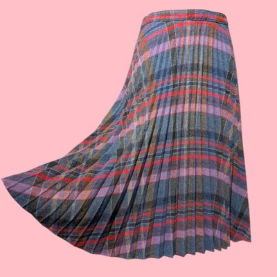 VTG 70s 80s Blue Gray/Pink/Red/Navy Accordion Pleated Midi Skirt 26''w sz 4 1E