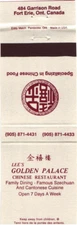 Fort Erie Ont. Canada Golden Palace Chinese Restaurant Vintage Matchbook Cover