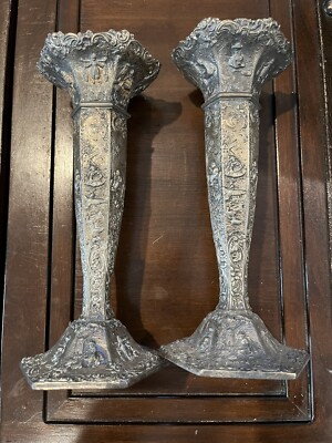 Antique Spelter Fluted Dutch theme Scene candlesticks with hexagon base candle 