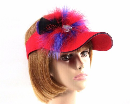Red Sun Visor Hat Feather Spray Crystal 