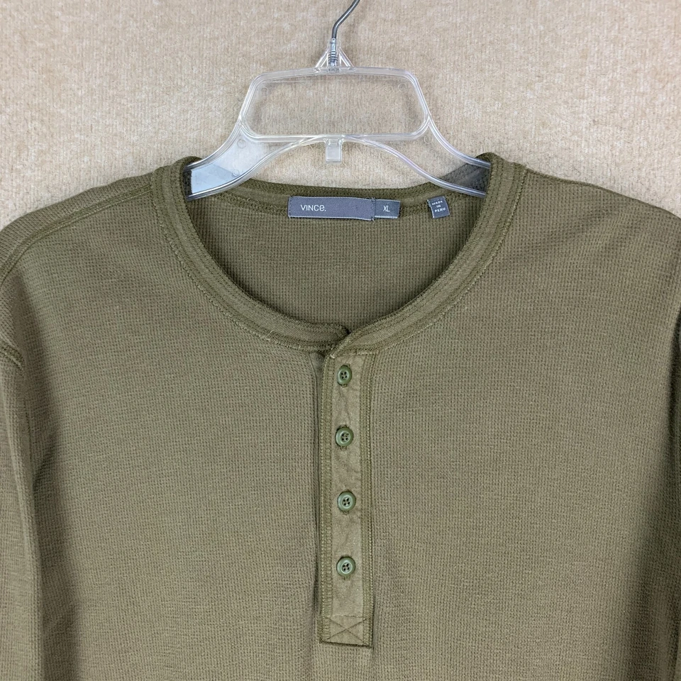 Camisa Vince Henley Talla XL Para Hombre Verde Manga Larga Algodón Botones Codo Parche Foto 3 de 4