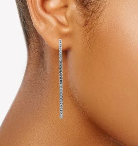 Karl Lagerfeld 2.2”Pave Crystal Hoop Earrings in Silver Plated Mixed Metal - Picture 4 of 5