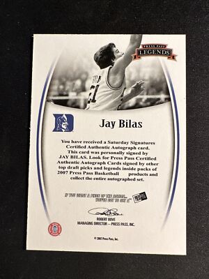 2007-08 Press Pass Legends Saturday Signatures Jay Bilas Auto | eBay