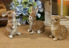 NEW WOODLAND BUNNIES Country Farmhouse Set of 3" - 3 5" Wood Look Resin Assorted