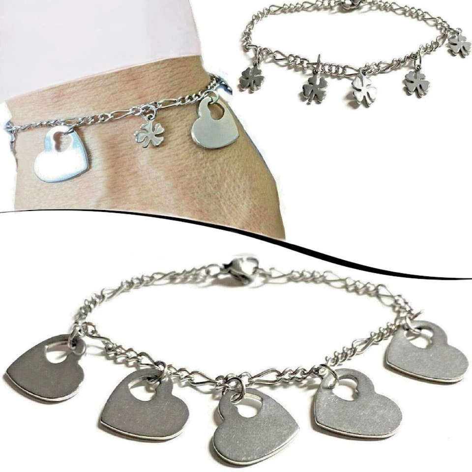 Bracciale da donna con ciondoli portafortuna in acciaio inox braccialetto catena - Immagine 2 di 4