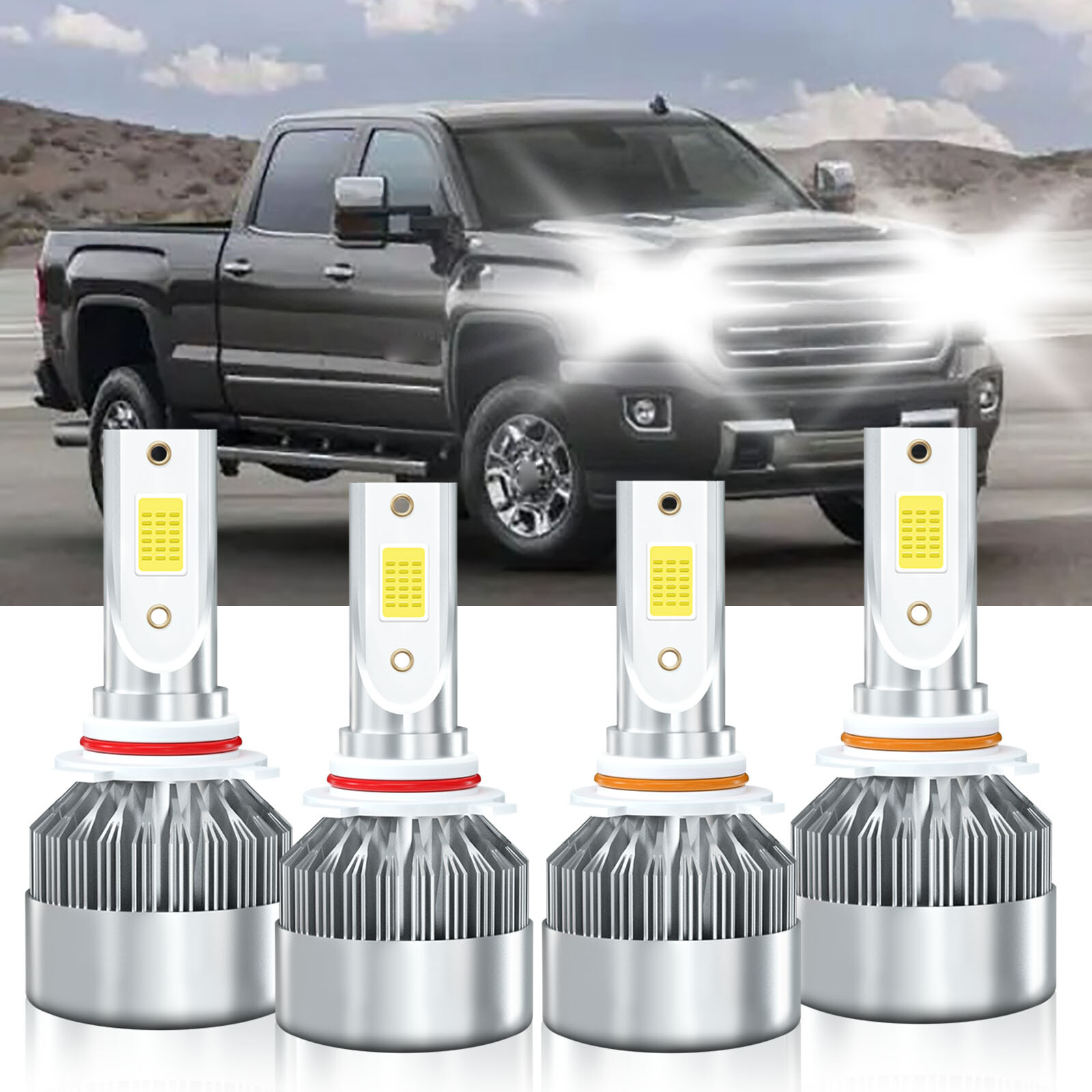 For GMC Sierra 1500 HD 2001-2006 4pcs 9005 9006 LED Headlight Bulbs Combo 6000K