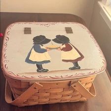 Hand-Painted Woven Basket with Folk Art Design