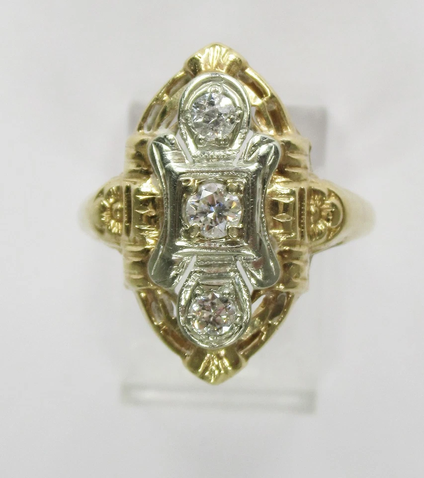 Anillo Estate de 3 piedras de filigrana y diamantes de oro amarillo y blanco de 14 quilates talla 6 gran regalo* Foto 3 de 4
