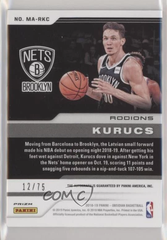 2018-19 Panini Obsidian Matrix Prizm /75 Rodions Kurucs #MA-RKC Rookie Auto RC - Image 2 of 2