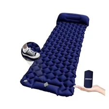 Inflatable Sleeping Pad with Pillow for Camping-Built in Foot Pump Deep Blue
