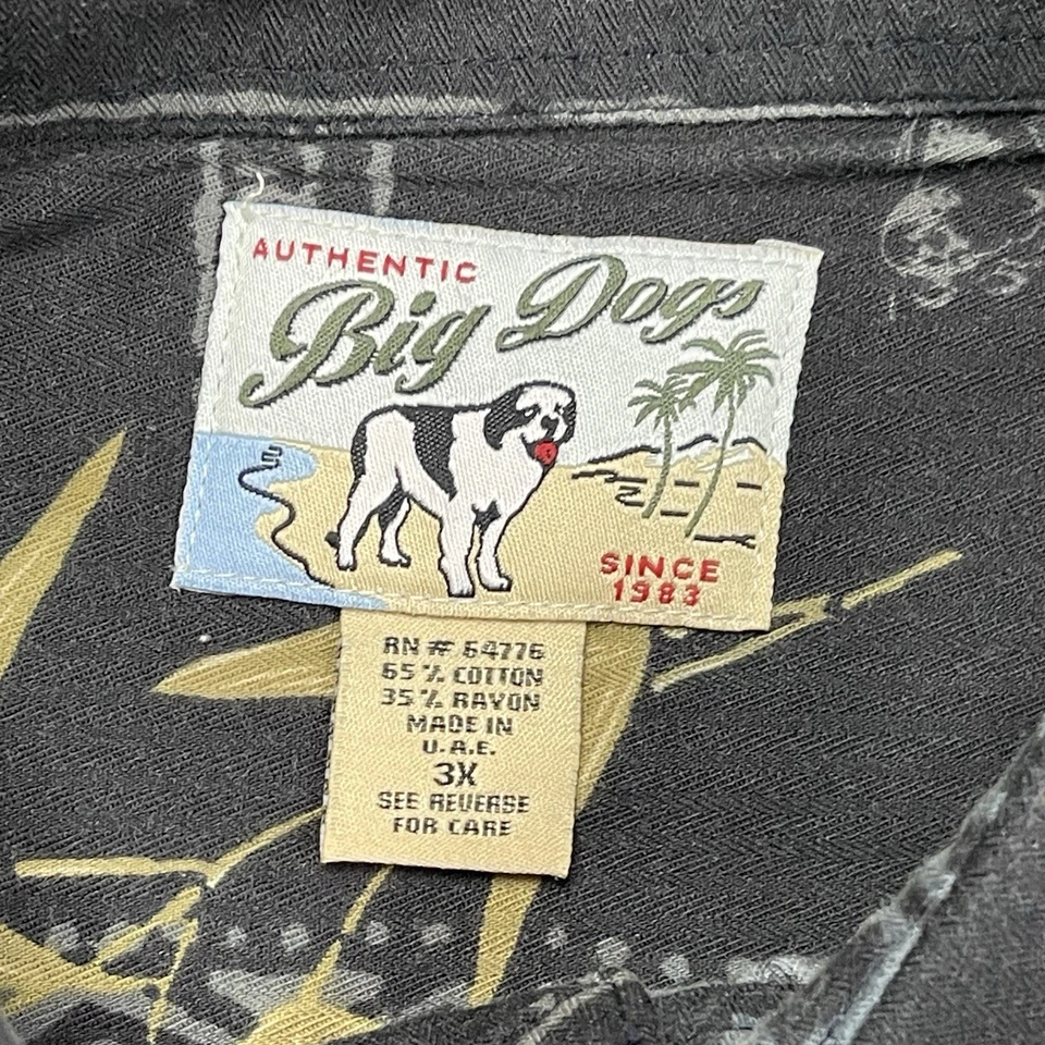 Camisa havaiana Big Dogs 3XL manga curta botão frontal preta amarela estampa de bambu - Imagem 3 de 4