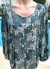 Jane + Delaney Anthropologie Top Floral Blue Blouse Rayon Long Sleeve XL NEW