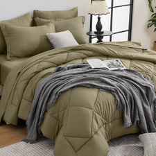 Olive Green Queen Comforter Set - 7-Piece All Season Bed in a Bag Queen, Ultra S