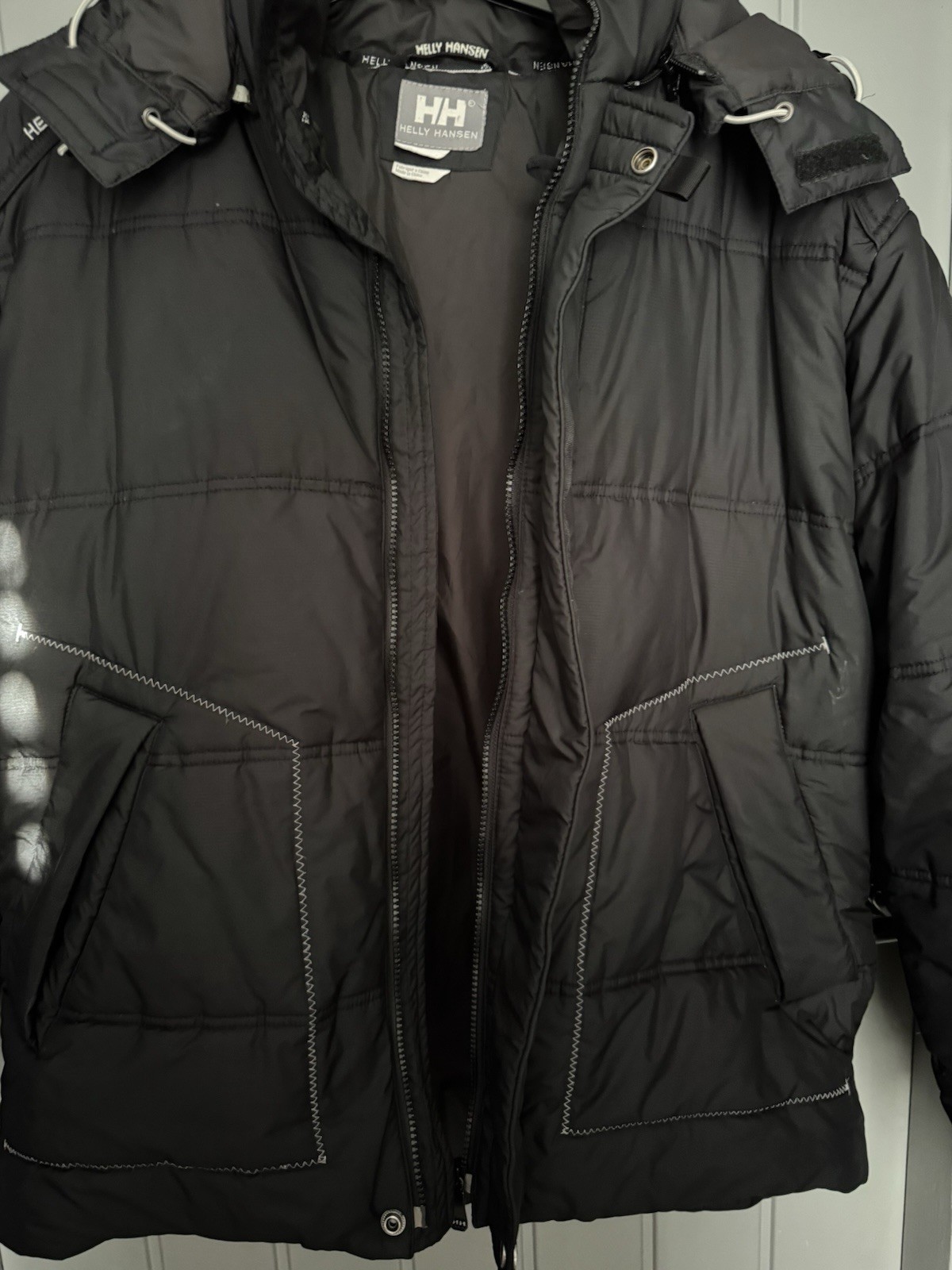 Men’s Black Helly Hansen Duck Down Hooded Puffer Jacket Coat Winter Large Rare image 8