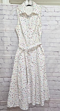 Chetta B. Retro Fit And Flare Belted Collared Midi Dress 10 White & Colored Bird