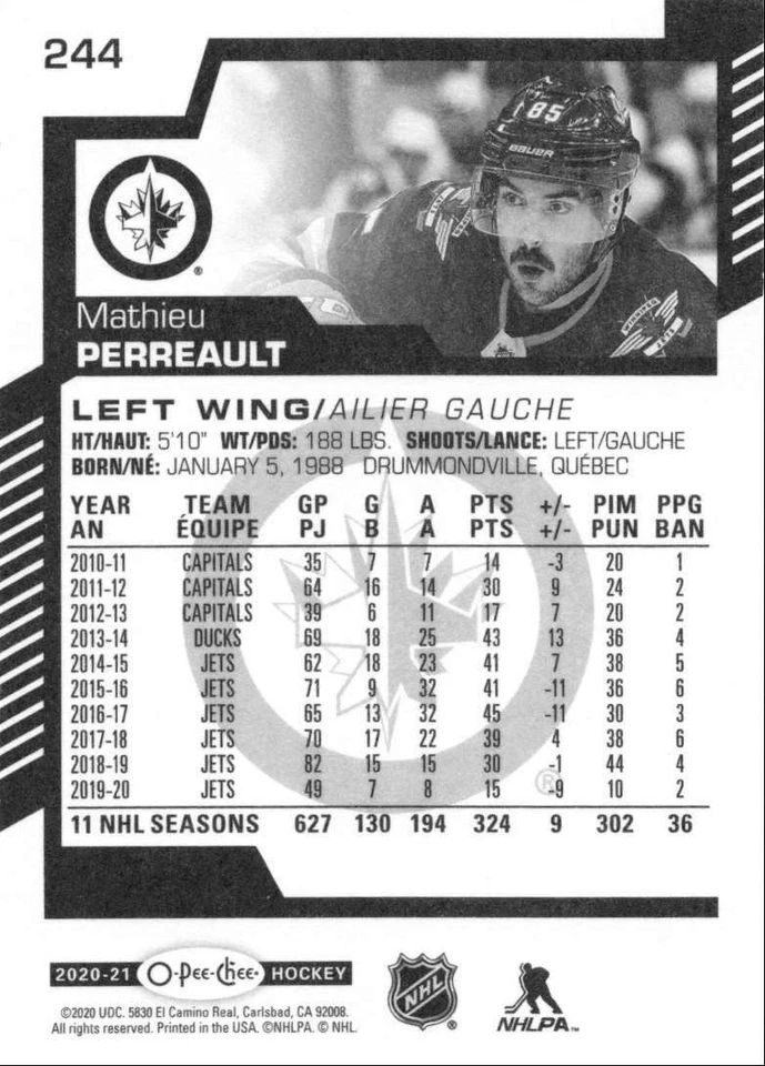 2020-21 O-Pee-Chee Mathieu Perreault Winnipeg Jets #244 - Image 2 of 2