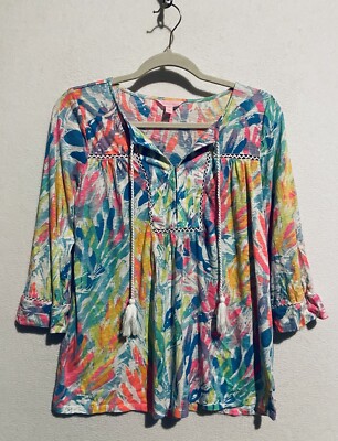 Lilly Pulitzer Top Womens Small Tilda Tunic Artsy Floral Tassel Tie Neck Boho