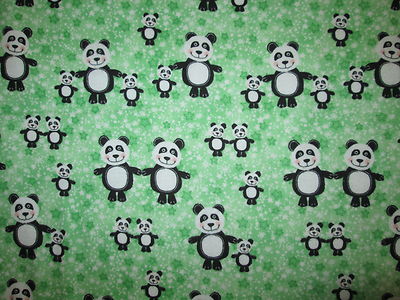 PANDA PANDAS BABY FAMILY GREEN STARS FLANNEL FABRIC FQ OOP