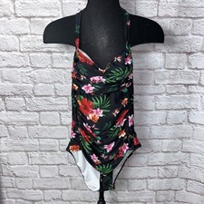 Black Floral Tropical Ultra Slimming Ladies Halter Padded One Piece Simsuit Sz L