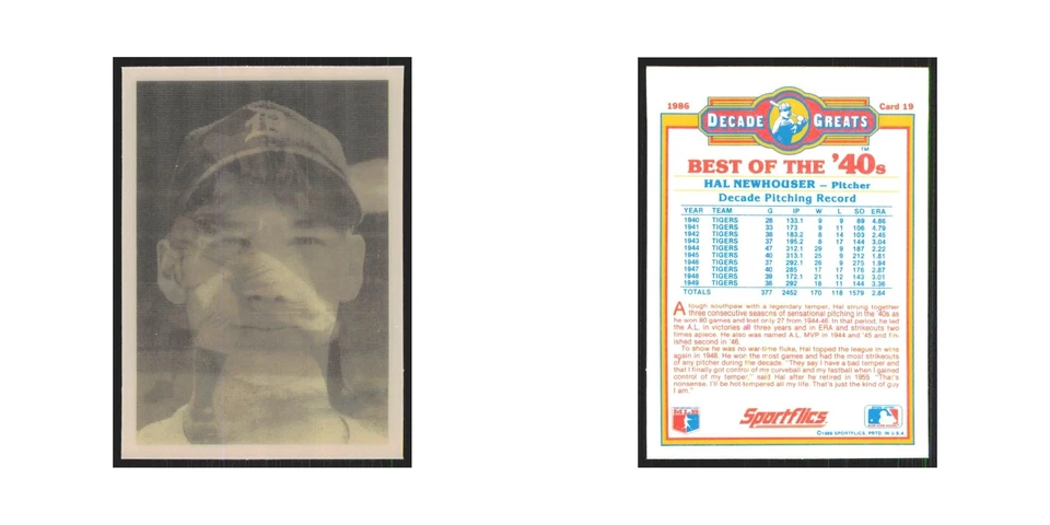 Hal Newhouser 1986 Sportflics Decade Greats #19.0 Detroit Tigers NM - Image 3 of 3