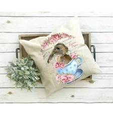 throw pillow cover, French country, shabby chic, rabbit, tea cup, flowers, pink,