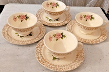 Pink Rose Tea Cups 2 Saucers 2 Plates White with Gold Accents- Lovely