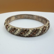 Rhinestone Ivory Beaded Wide Bangle Bracelet Silver Tone Boho Statement Gift