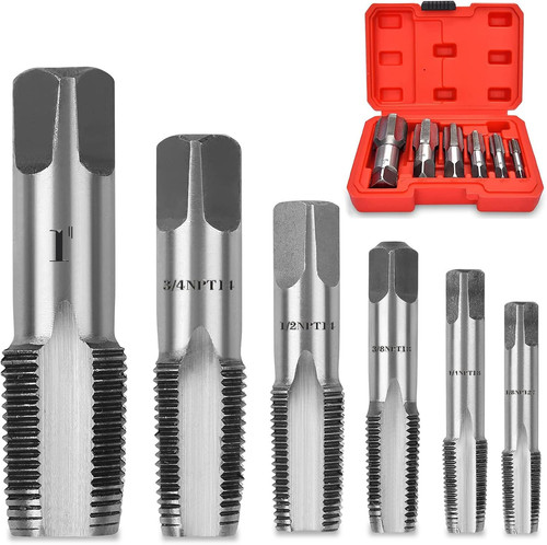 6 Piece Pipe Tap Set with Composite Steel HSS NPT and BSP Threading Tools