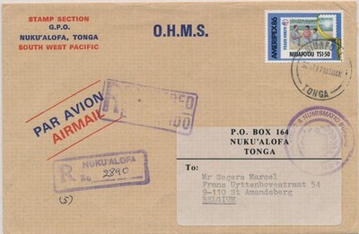 LT06586 Niuafo'ou 1987 to Belgium registered airmail cover used