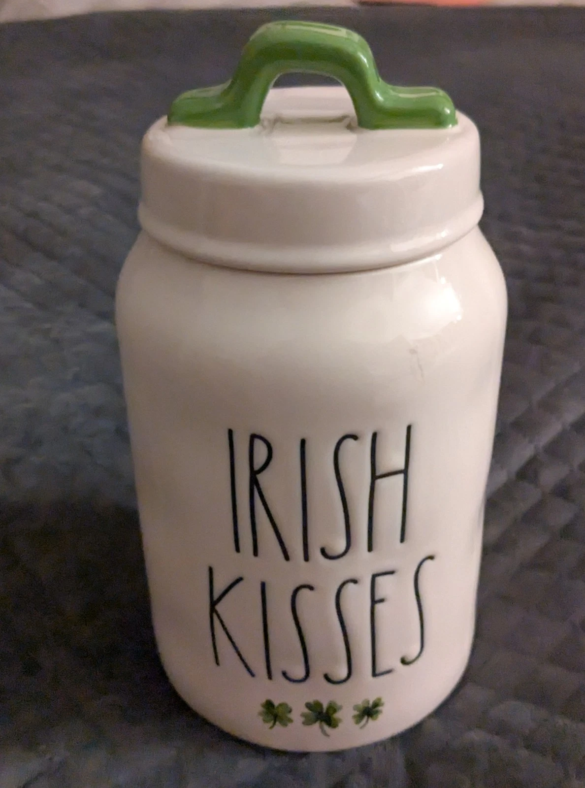 Rae Dunn IRISH KISSES Ceramic Canister Green Shamrocks