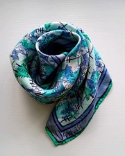 VTG VERA NEUMANN Hand Rolled 22" Square Silk Scarf Trees Blues Greens Purple 70s